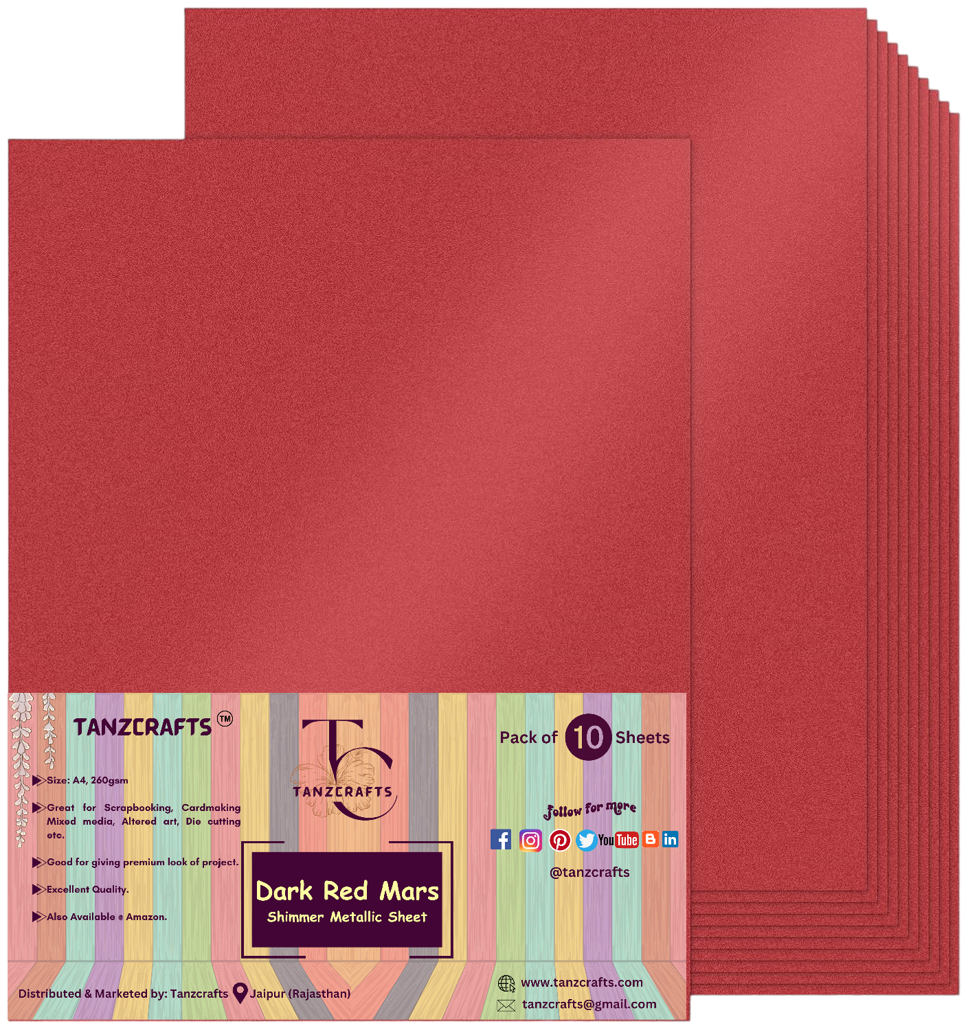 Dark Red Mars Shimmer Cardstock A4, Metallic Paper, TANZCRAFTS 260 GSM Printer Friendly Pearlescent Paper for Invitations, Weddings, Parties, Showers, Art & Crafts