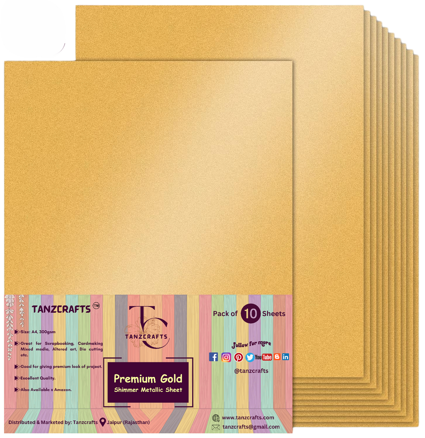Premium Gold Shimmer Cardstock A4, Metallic Paper, TANZCRAFTS 300 GSM Printer Friendly Pearlescent Paper for Invitations, Weddings, Parties, Showers, Art & Crafts