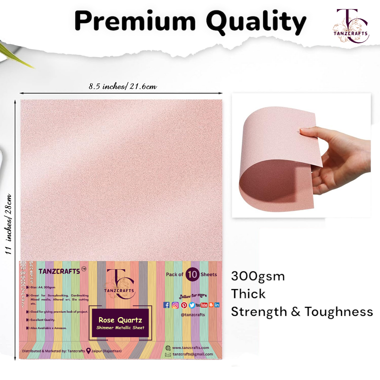Rose Quartz Shimmer Cardstock A4, Metallic Paper, TANZCRAFTS 300 GSM Printer Friendly Pearlescent Paper for Invitations, Weddings, Parties, Showers, Art & Crafts