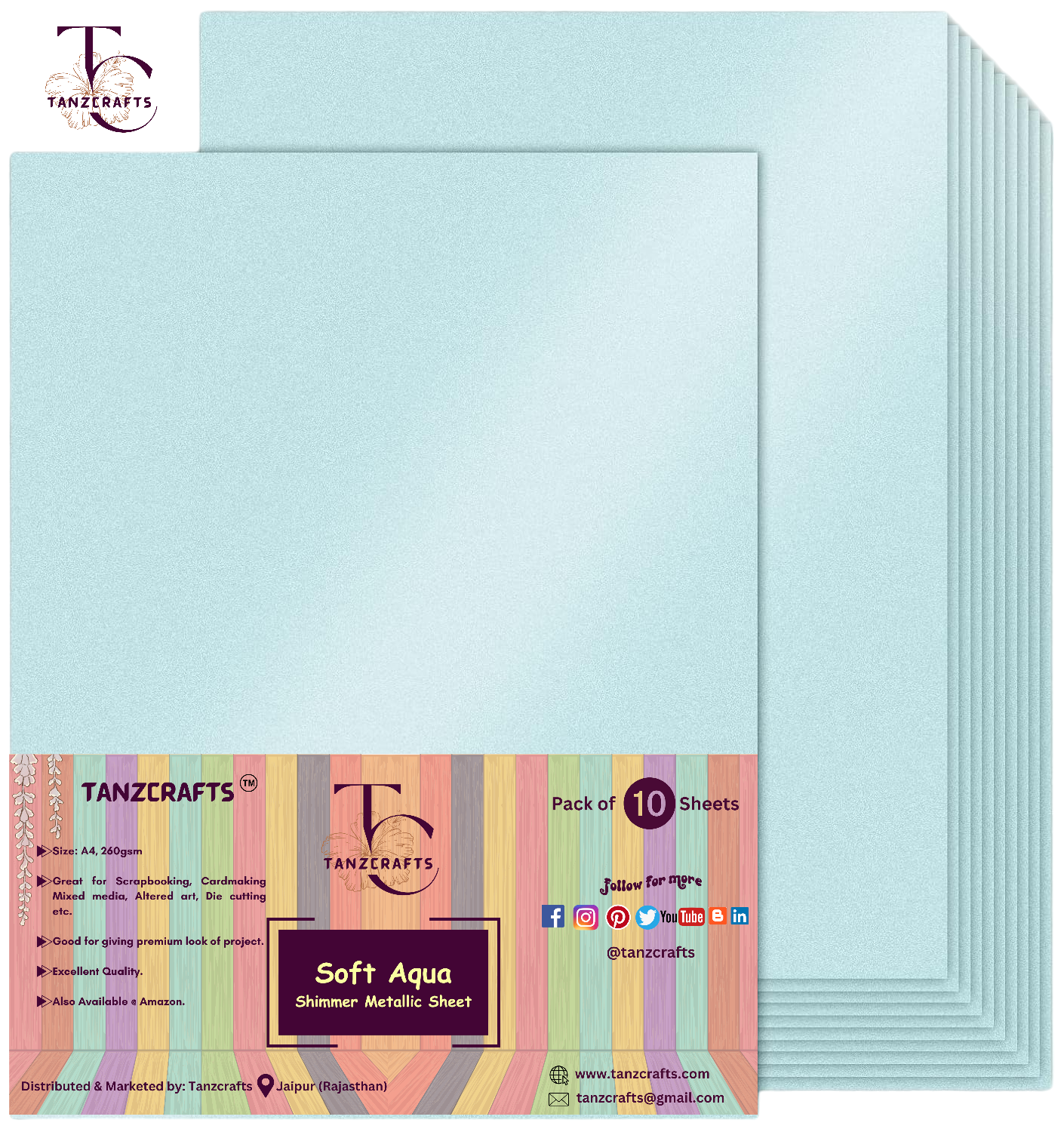 Blue Aqua Shimmer Cardstock A4, Metallic Paper, TANZCRAFTS 260 GSM Printer Friendly Pearlescent Paper for Invitations, Weddings, Parties, Showers, Art & Crafts