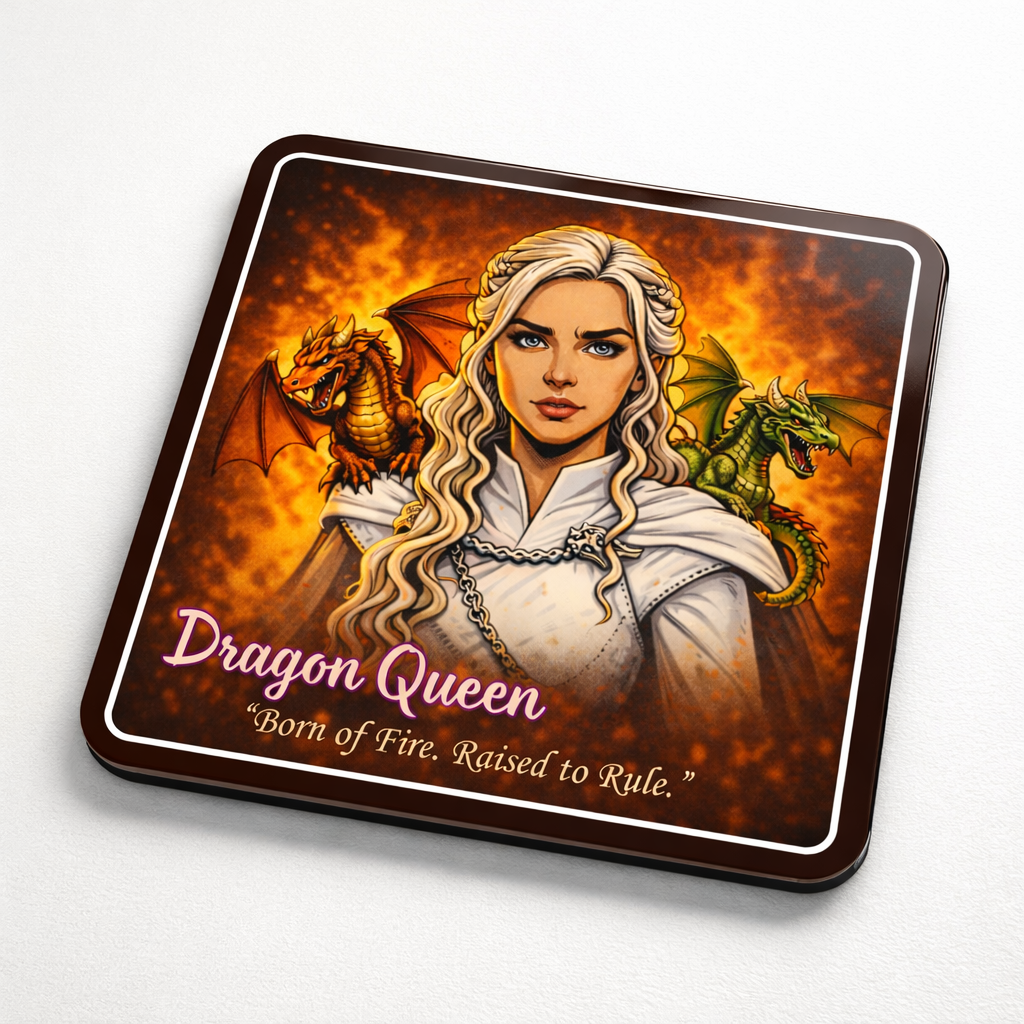 Fantasy-Inspired GOT Comic Style Coasters with Stand | Set of 6 MDF Drink Coasters | Glossy Sublimation Finish | Medieval Power & Warrior Theme Table Coasters
